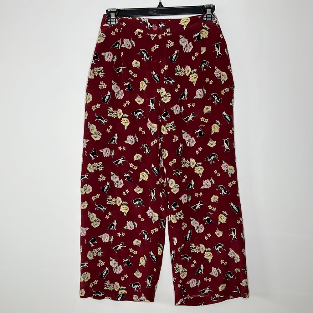 Sz 16 MaxMara Floral Kitten Novelty Print Silk Pants with pockets
